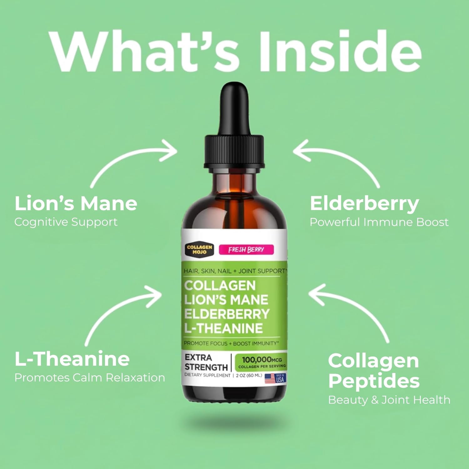 Liquid Collagen Peptides w/ Lions Mane Mushroom, Elderberry & L-Theanine – High Potency/Absorption Formula. Hair, Skin, Nail + Joint Support. Fight Brain Fog & Boost Immunity – Collagen Mojo - 2 oz.