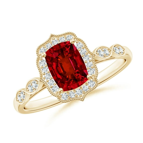 ANGARA Lab Grown Cushion Rectangular Ruby Ornate Engagement Ring for Women in 14K Yellow Gold (Size-7x5mm) | July Birthstone, Anniversary, Jewelry Gift for Women | Lab-Grown Ruby Ring