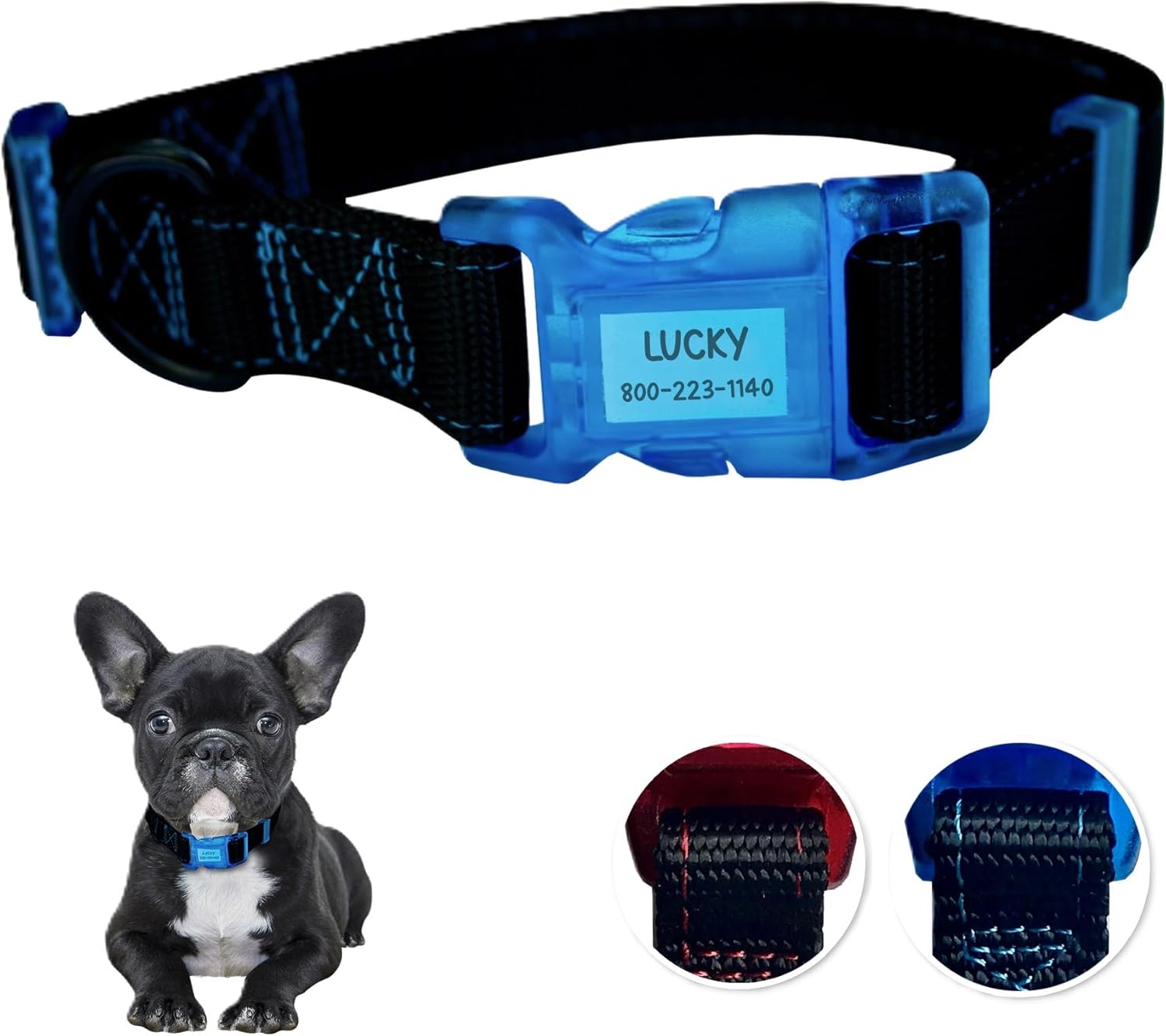 Sporn Reflective Dog Collar for Small Dogs, Adjustable Nylon Pet Collar with Built-In Waterproof ID Holder, Black & Blue (12-17 in)