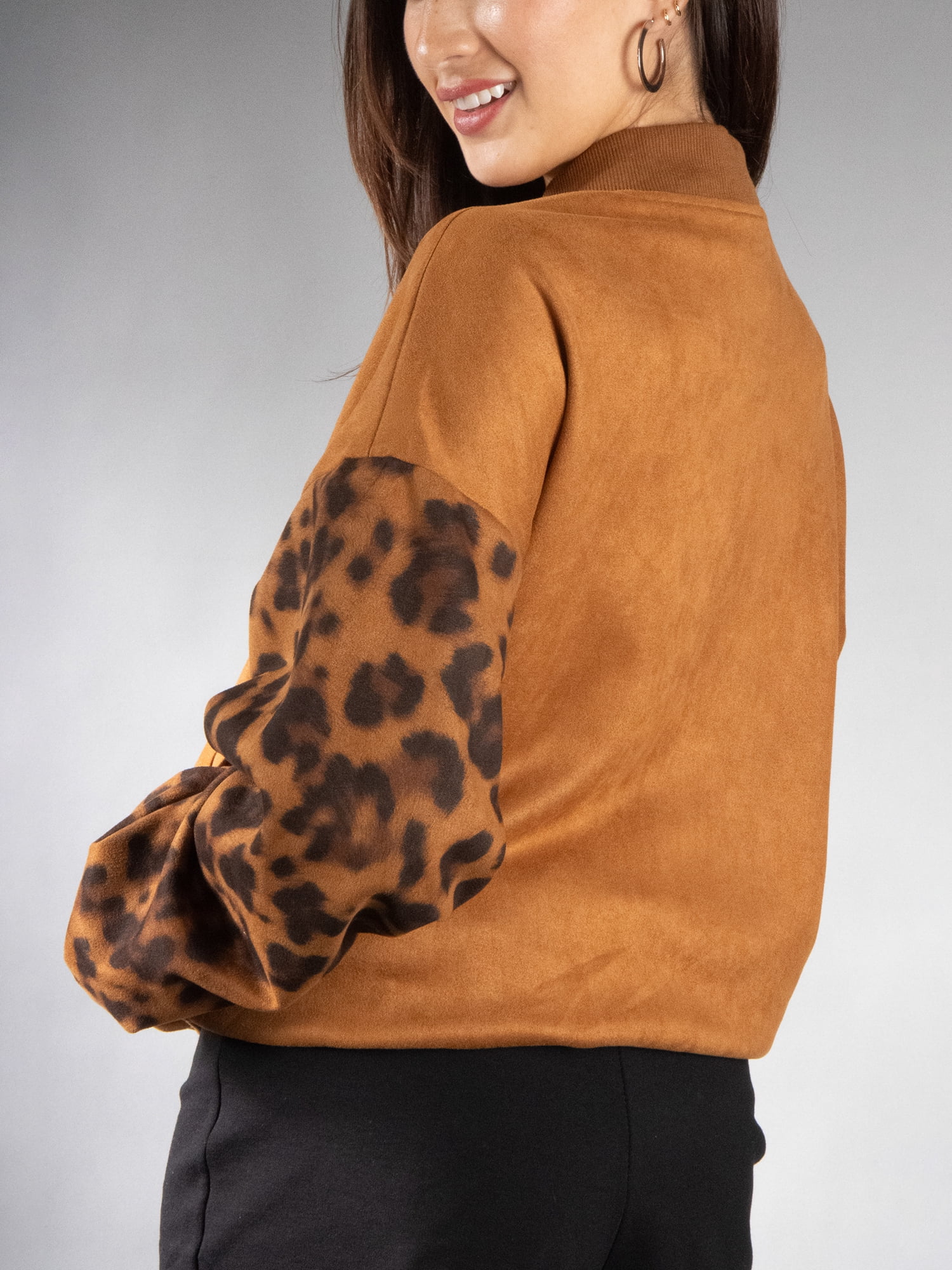 DARING DIVA Women's Animal Print Sleeve Zip Up Jacket XS Brown