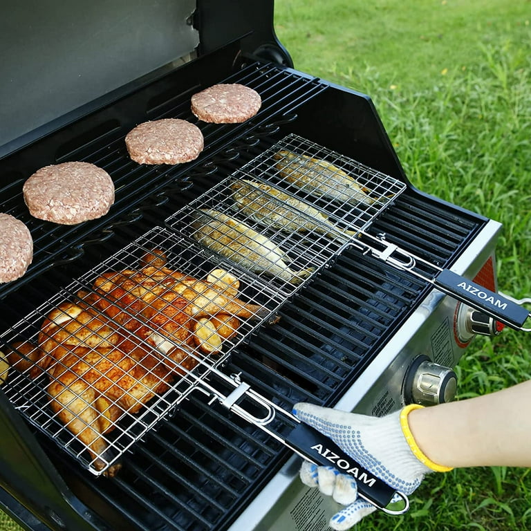 Grill Basket Stainless Steel BBQ Grilling Basket Large Folding Grill Basket with Removable Handle. Grill Basket for Fish Vegetables Great Useful BBQ