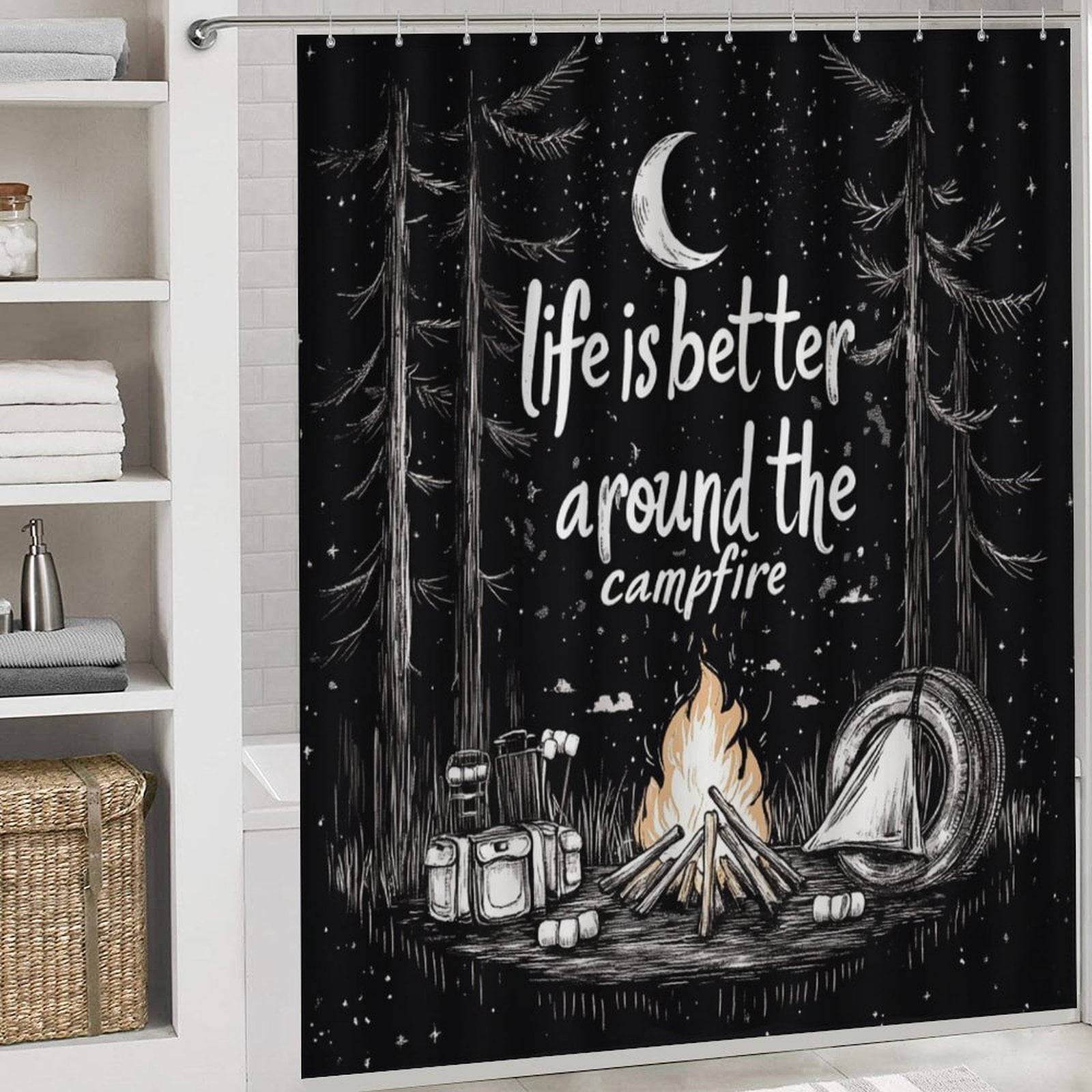 4 Piece Bathroom Rug Set with Shower Curtain Rug Toilet Lid Cover And Non-Slip U Shape Mat Life Is Better Around The Campfire Waterproof Fabric Bath Curtain Campfire Woodcut Adventure