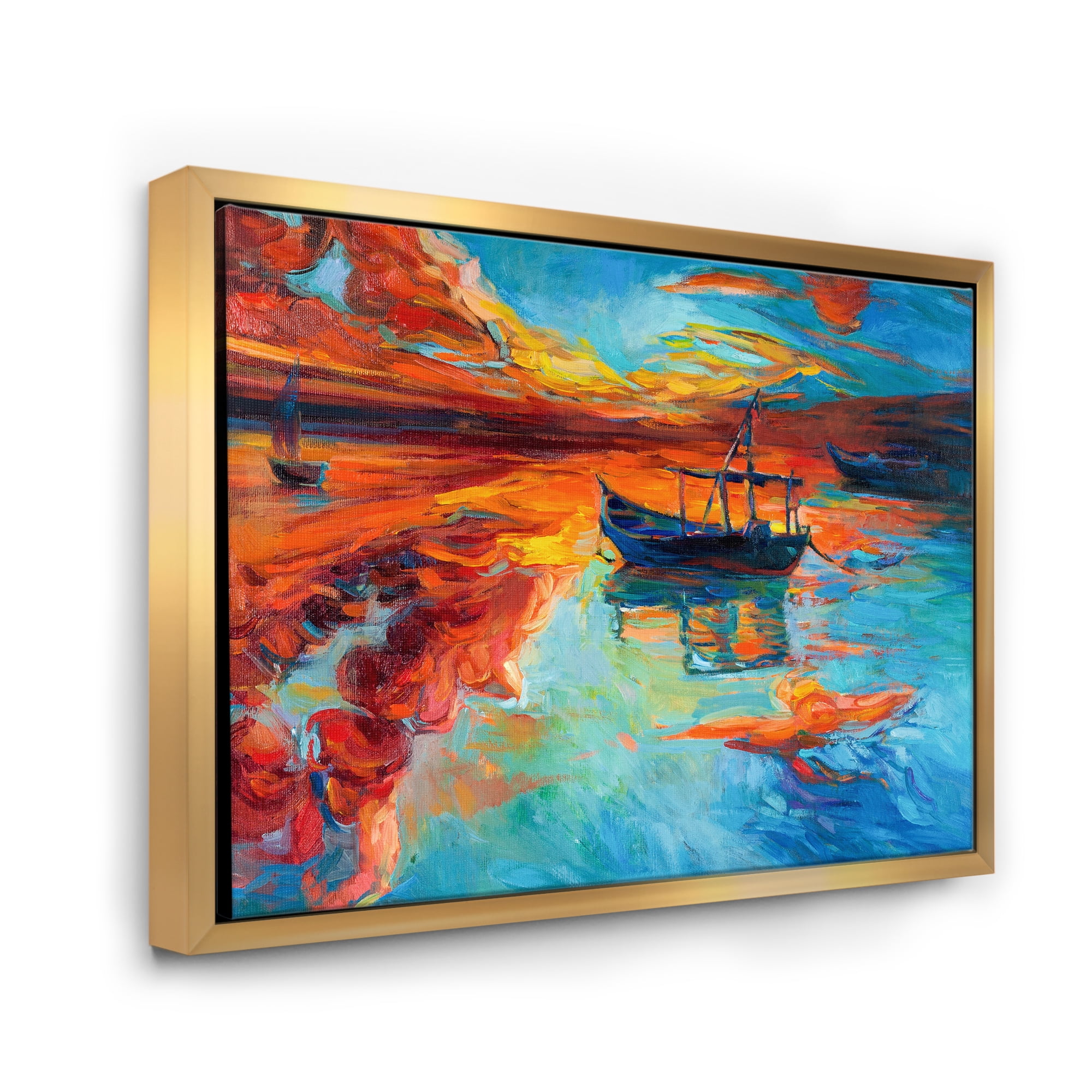 Designart 'Boat At The Lake During Evening Glow IV' Nautical & Coastal Framed Canvas Wall Art Print