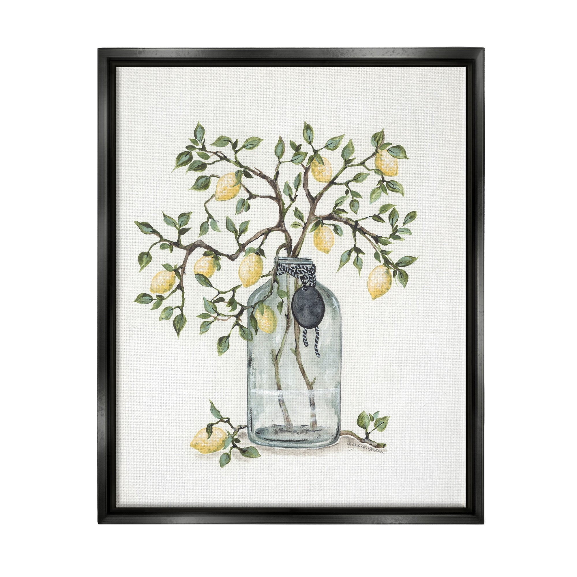 Stupell Industries Dangling Country Lemon Branches Decorated Glass Vase Painting Jet Black Floating Framed Canvas Print Wall Art, Design by Julie Norkus