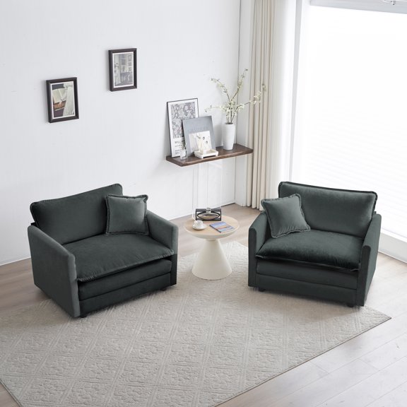 Accent Chair Set of 2, Gray Chenille Upholstered Armchairs, Living Room Side Chairs with Toss Pillow