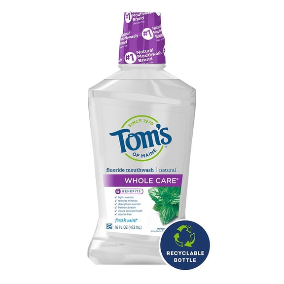 Tom's of Maine Whole Care Natural Fluoride Mouthwash, Fresh Mint, 16 oz