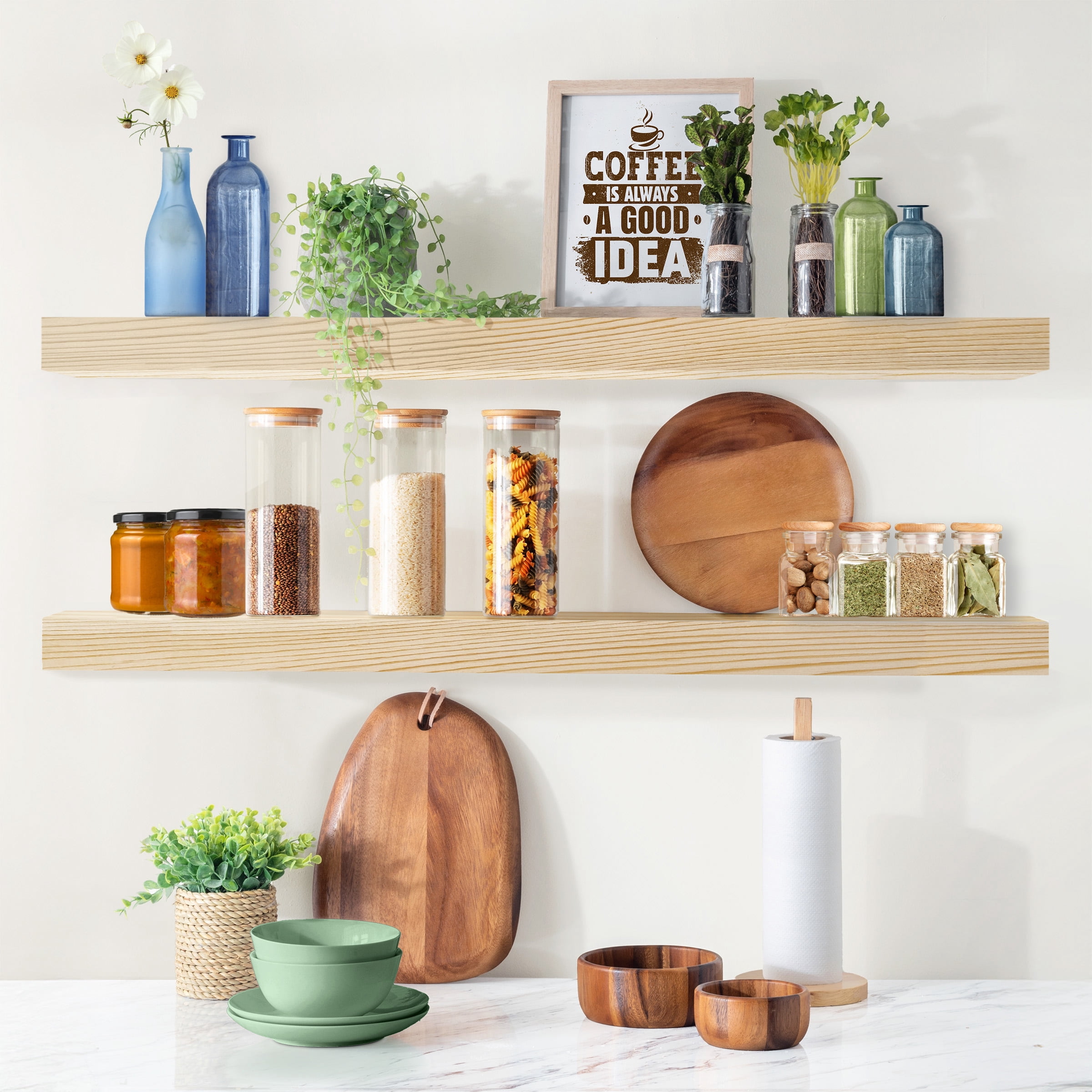 Sorbus Wood Floating Shelves for Wall - 35” Solid Wood Wall Shelves for Bathroom Decor, Books, Bedroom & Living Room - Set of 2 Wall Mounted Kitchen Shelves - Durable 100% Premium Solid Pine