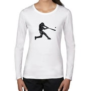 Baseball Player Hitting Ball Silhouette Graphic Women's Long Sleeve Grey T-Shirt