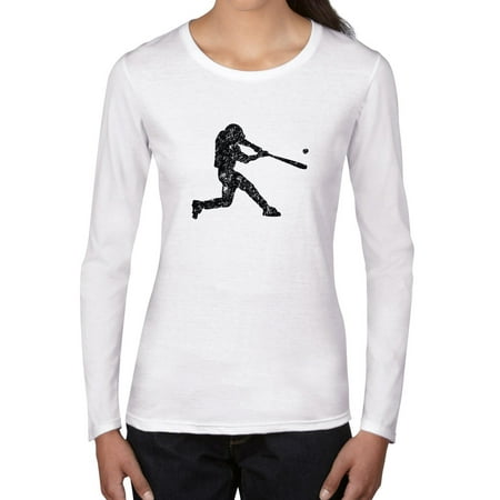 Baseball Player Hitting Ball Silhouette Graphic Women's Long Sleeve Grey T-Shirt