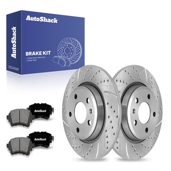 AutoShack 11.81" (299.9 mm) Rear Solid Drilled & Slotted Brake Rotors Coated   Premium Ceramic Brake Pads | Replacement for 2017-2020 Audi A4 | Silver Zinc Coated | 6-PC Brake Kit | SilverShield Pro