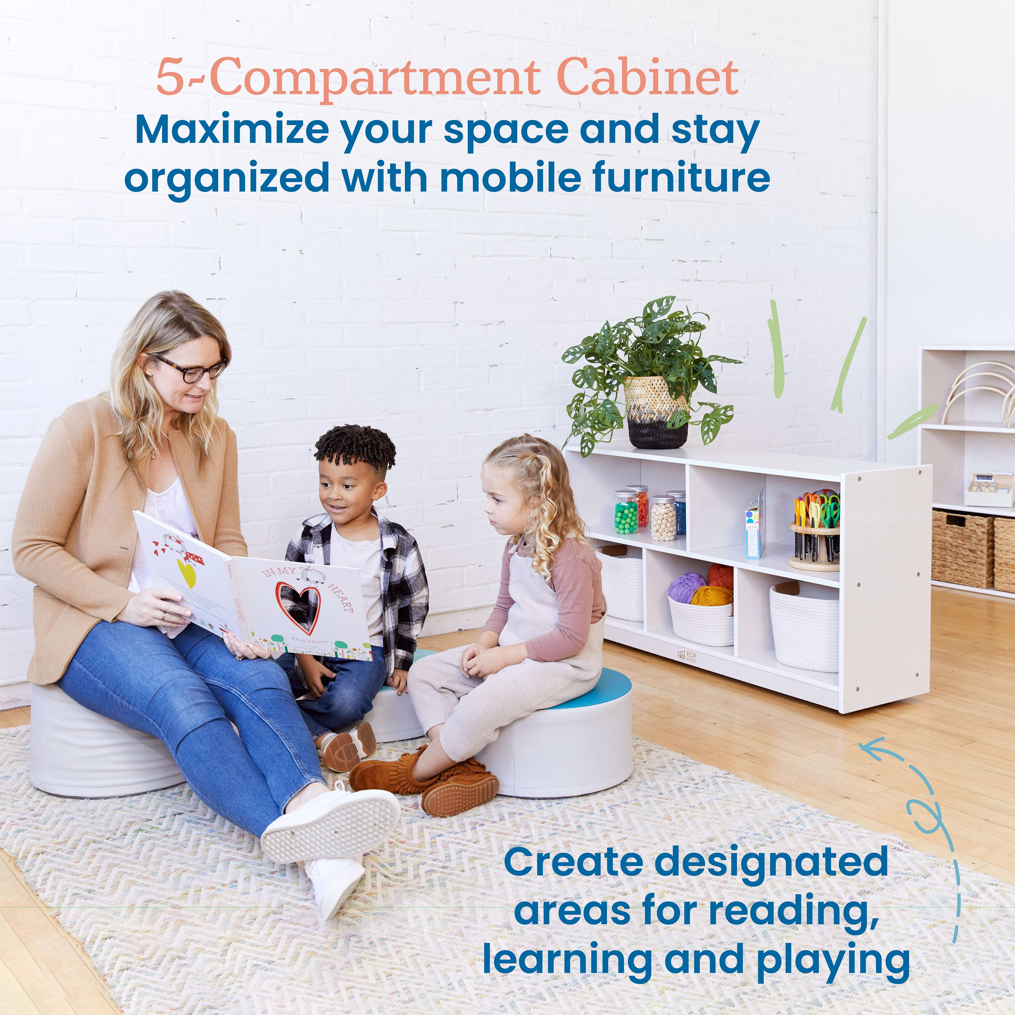 ECR4Kids 5-Compartment Mobile Storage Cabinet, Toddler, Classroom Furniture, White Wash