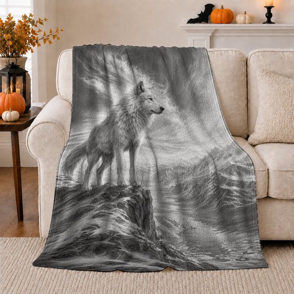 Gray Wolf on Rocky Ledge, Realistic Wildlife Illustration Style for Wolf Lovers, Misty Mountain Wilderness Art and Birthday Gift, Cozy Flannel Blanket for Living Room and Bedroom, Home Decor