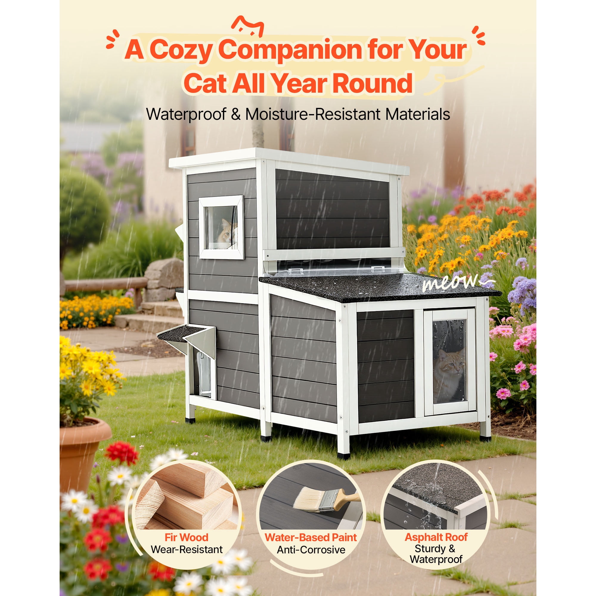 KFFKFF Wooden 2-Story Outdoor Cat House, Elevated Shelter for Feral Cats with Stairs, Windows, Flap Doors, 42"