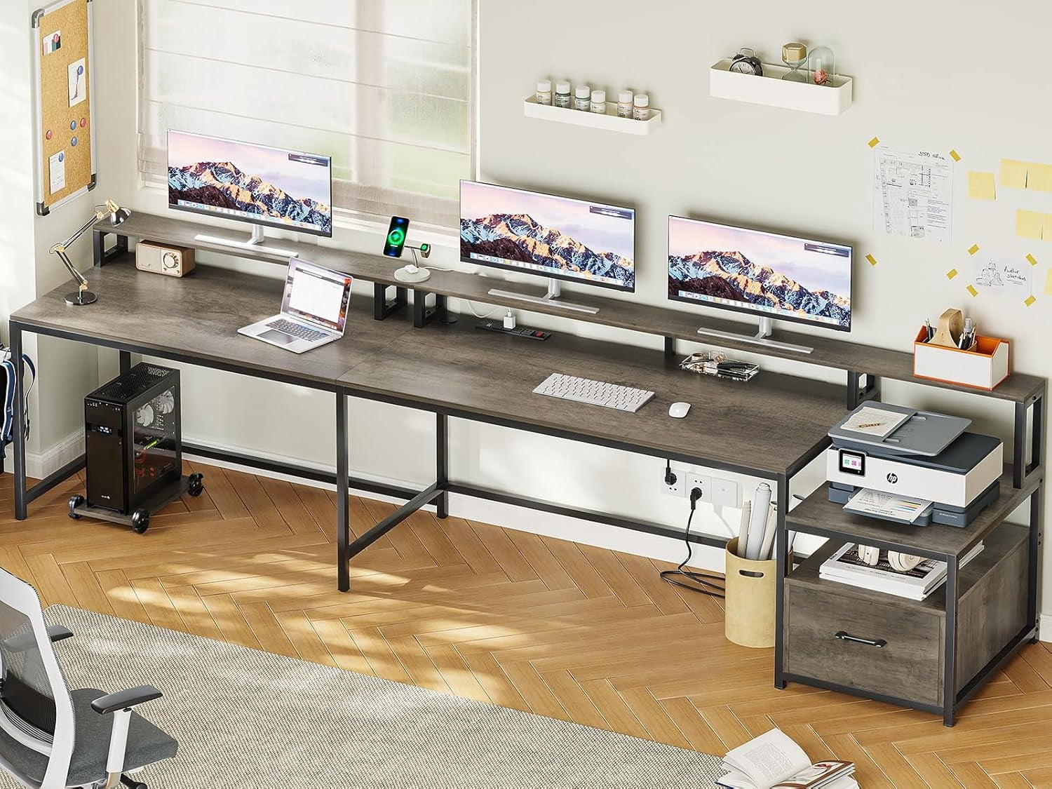 L Shaped Desk with Drawer and Power Outlet, 66" Home Office Desk Corner Computer Desk with Monitor Shelf, Printer Storage Shelves, Gaming Desk with Led Lights, Two Person Desk, Walnut