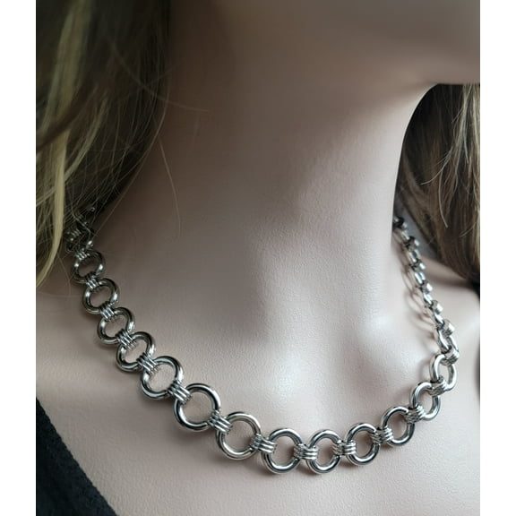 Rochet Ladies Punk Circle Chain Link Industrial Stainless Steel Necklace 22"