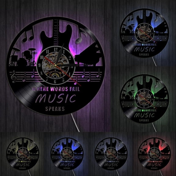 Where Words Fail Music Speaks Musical Quote Wall Art Vinyl Record Wall Clock Guitar Decorative LP Clock Rock n Roll Music Gift With LED