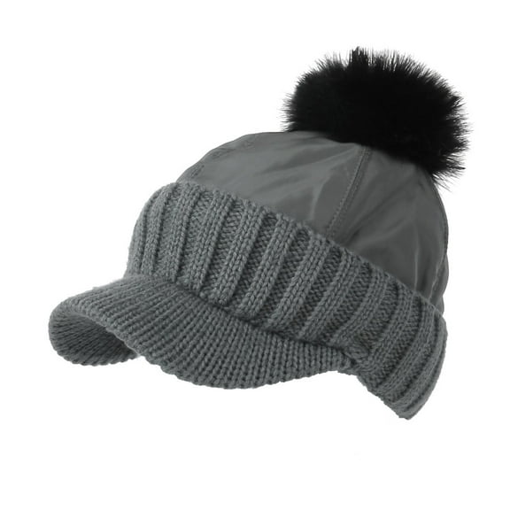 WITHMOONS Winter Fleece Knit Visor Pom Beanie Hat Baseball Cap DWR1133 (Grey)