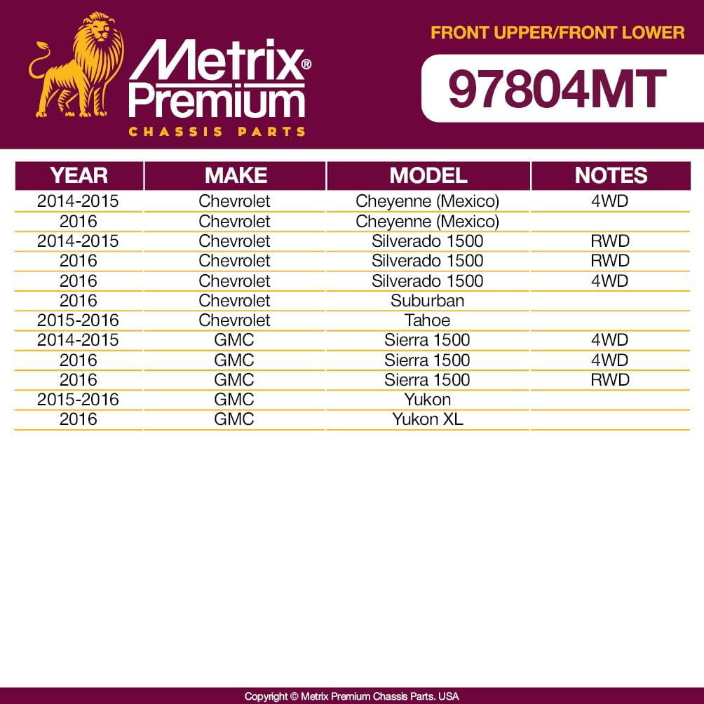 Metrix Premium Chassis Parts - 4 PC Front Lower & Front Upper Control Arm Kit Fits 14-15 Chevrolet Cheyenne (Mexico) 4WD, 14-15 Silverado 1500 RWD, 15-16 GMC Yukon RK620889 RK620888 RK623126 RK623125