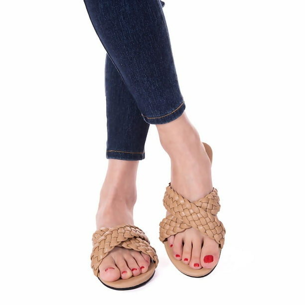 Women Flat Sandals Woven Leather Sandals Nude Size 7.5 