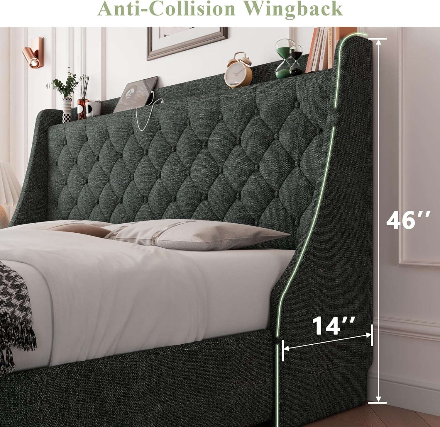 Feonase Queen Bed Frame with 4 Storage Drawers, Upholstered Storage Bed with Charging Station, Tufted Wingback Headboard, No Box Spring Needed, Dark Grey