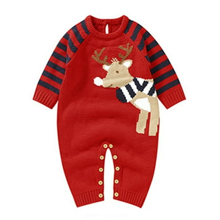 

Bomotoo Infant Casual Jumpsuit Xmas Elk Print Bodysuit Christmas Knitwear Buttons Romper Red 80