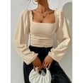 thumbnail image 2 of Women'S Square Neck Long Sleeve Crop Tops Puff Sleeve Ruched Blouse  S, 2 of 8