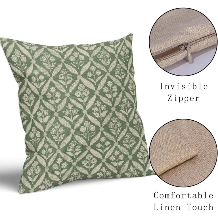 Handloom Block Print Linen Pillow Cover 18x18 – Sage Green Floral, Sustainable, Farmhouse Decor