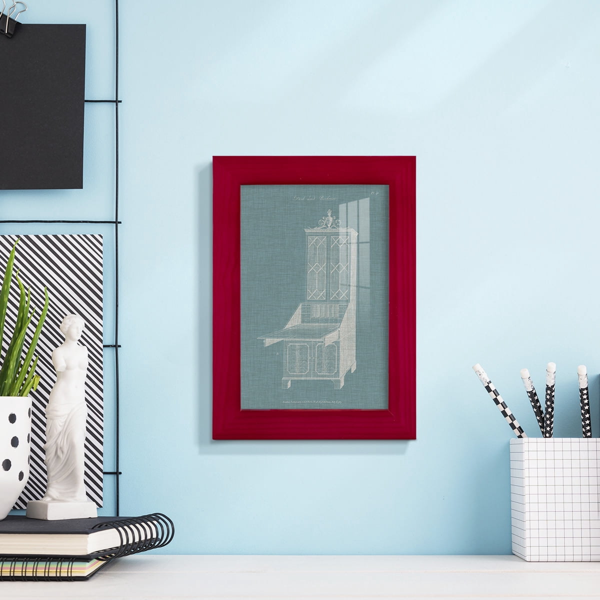 Hepplewhite Desk & Bookcase IV - Framed Print w/glass - Cherry Red
