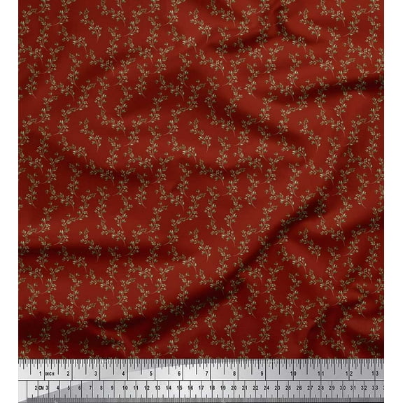 Soimoi Red Cotton Duck Fabric Beech Leaves Print Fabric by the Yard 44 Inch Wide