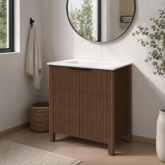 30" Bathroom Vanity with Sink, Modern Fluted Bathroom Vanity Cabinet with Integrated Single Resin Sink, Freestanding Bathroom Sink Cabinet with 2 Doors, Brown Bathroom Storage Vanity