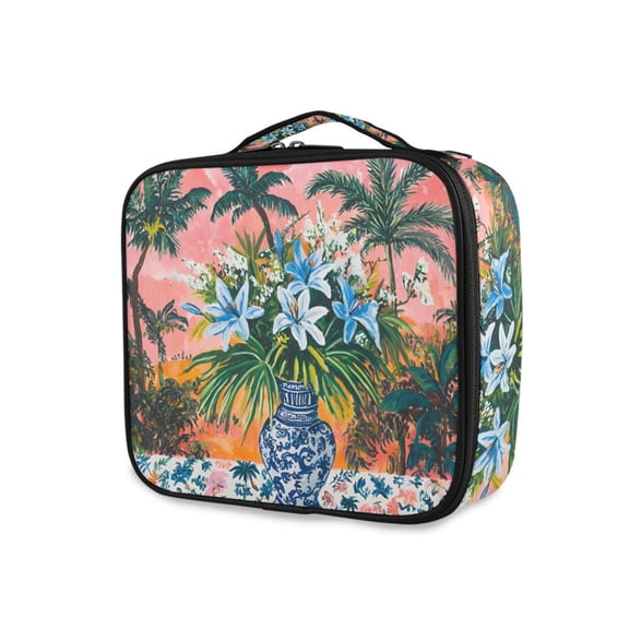 FORMRS Travel Makeup Bag Large Capacity Train Case Cosmetic Organizer with Adjustable Dividers, Blue Flowers