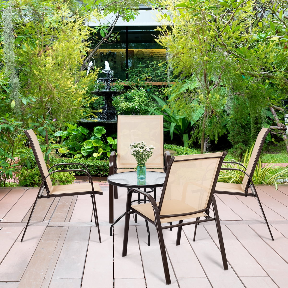 Costway 4PCS Patio Chairs Dining Chair Garden Deck Yard W/Armrest Beige