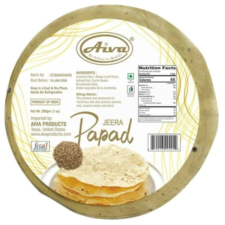 Aiva Pappadums (Indian Lentil Wafer Snack) Cumin Papad