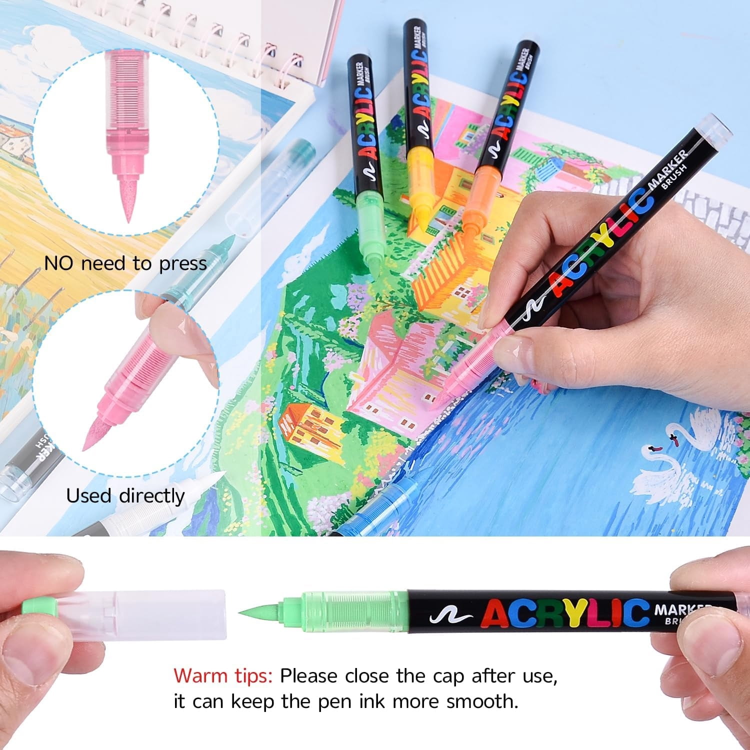 Acrylic Markers, Soft Brush Tip Acrylic Paint Pens, Quick-Drying Waterproof Acrylic Paint Markers for Canvas, Rock Painting, Wood, Stone, Glass, Ceramic, Fabric Painting, Art Supplies