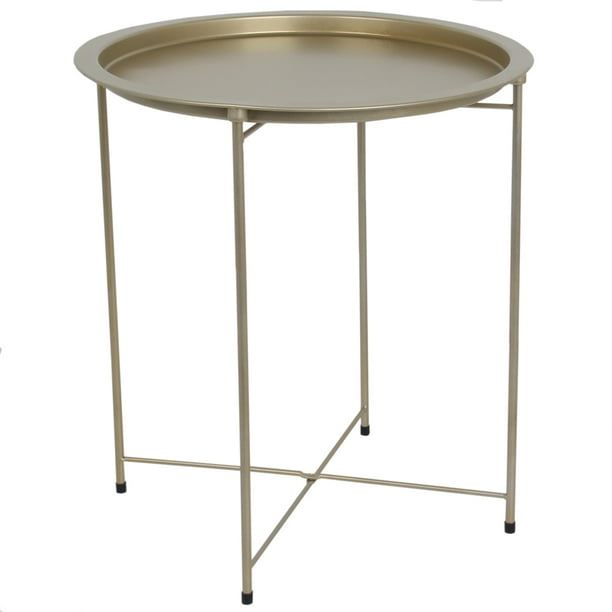 Foldable Round MultiPurpose Side Accent Metal Table, Brushed Gold