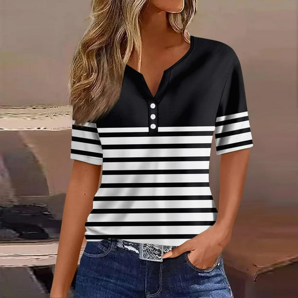 Fiudx Ofertas y Liquidaciones Blusa de Manga Corta Estampada a La Moda para Mujer, Blusas Informales con Cuello Redondo