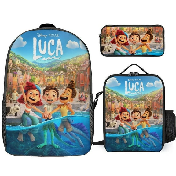 Cartoon LUCA 3Pcs Game Backpack Set, 17Inch Daypack with Lunch Box And Pencil Case, Casual Large Capacity College Laptop Bag Travel Gifts