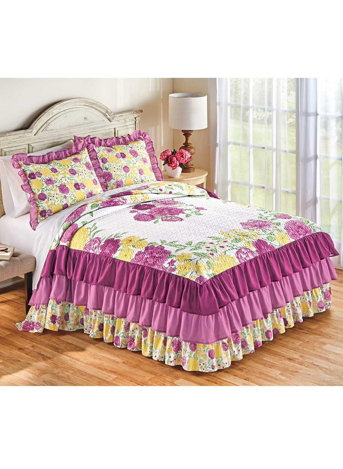 Floral Garland Triple Ruffled Bedspread