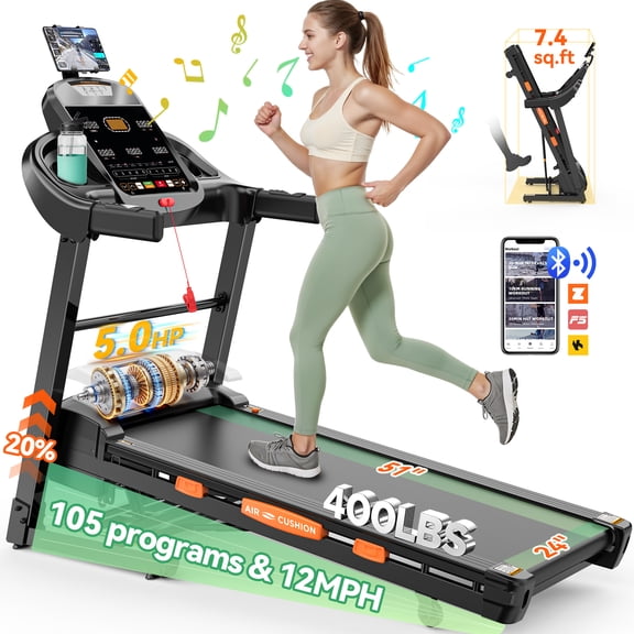 20% Auto Incline Treadmill 300-400 lb Capacity, 5HP Folding Treadmill for Home, Portable Running Walking Machine with LCD Display, HiFI Speaker & App, 105Preset Programs, 12MPH Speed