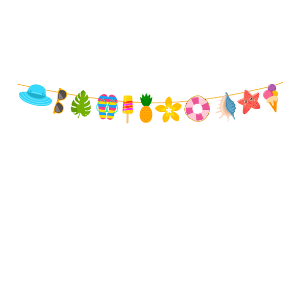 Summer Party Banner Garland, Colorful Beach Theme Hanging Decoration with Tropical Icons
