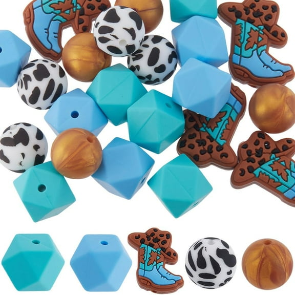 1 Box 25 Pcs 5 Styles Cowboy Bead Silicone Focal Beads Bulk Round Hexagonal Western Cowboys Boots Cow Cartoon Loose Spacer Beads for Jewelry Making Necklace Bracelets Keychain Beadable Pens