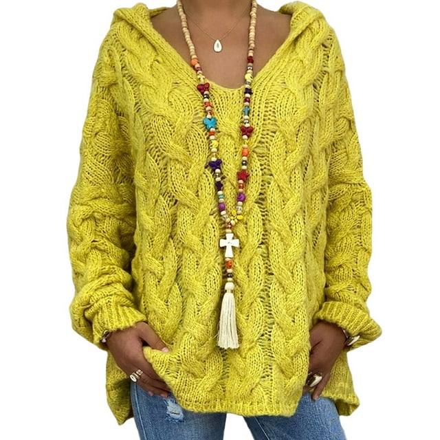 Fashnice Ladies Pullover Long Sleeve Jumper Tops Solid Color Sweater Loose Chic Knitted Sweaters Yellow L