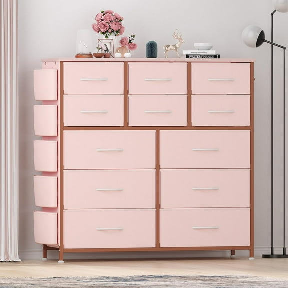 Towallmark 12 Drawer Dresser Chest of Drawers for Bedroom Living Room, Fabric Storage Organizer With Wood Top, Side Pockets & Hooks for Entryway, Hallway, Closet, Nursery, Pink