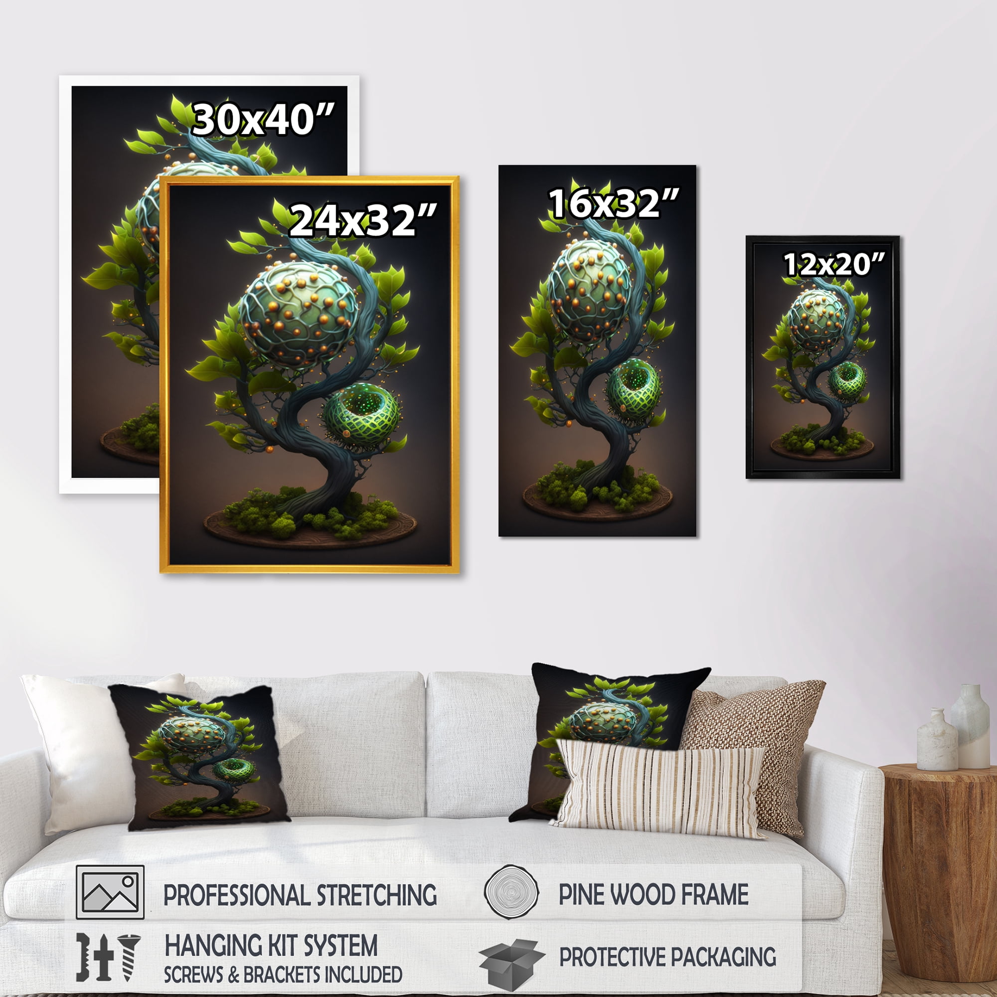 Designart Bonsai Swirl Tree Neon V Canvas Wall Art