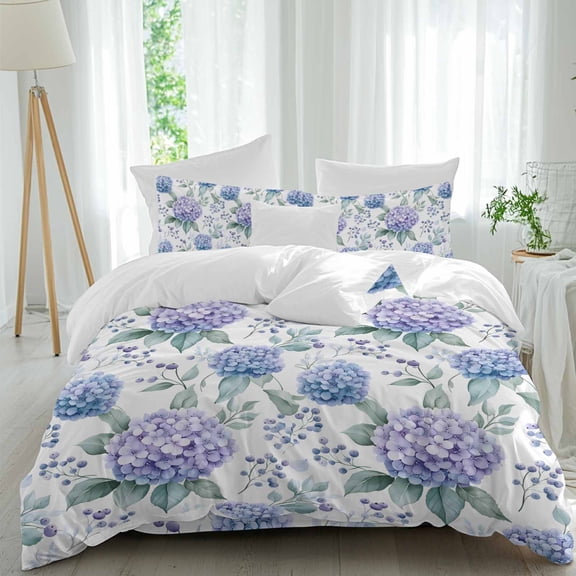 Blue Purple Full Size Comforter Set, Hydrangea Floral Blueberry Bouquet Leaves Bedding for All Seasons, 4 Pcs Bed Set, 1Quiltcover (86"x86") ,1Sheet(80"x116"), 2Pillowcases (30"x20")
