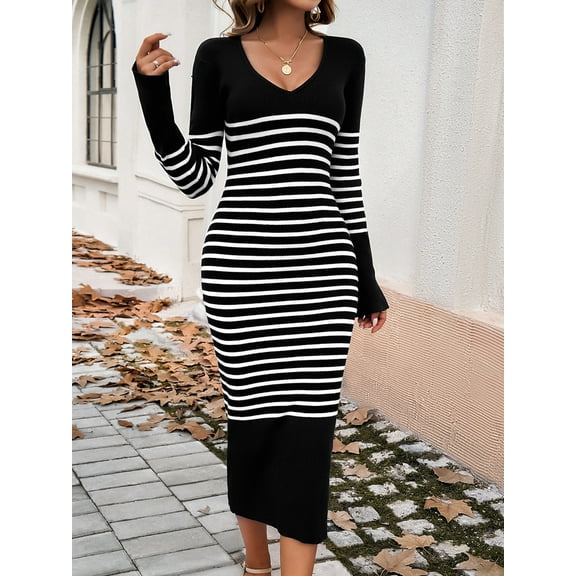 Women's Striped Slim Fitted V Neck Long Sweater Dress Fall Long Sleeve Ribbed Knit Bodycon Dress