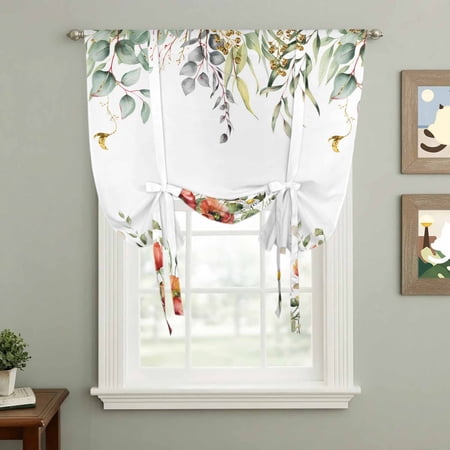 Spring Floral Tie Up Curtain 63 Inches Long Red Poppy Flowers Eucalyptus Summer Plants Balloon Style Kitchen Window Curtain Over Sink Small Window Rod Pocket Curtain 42 x63