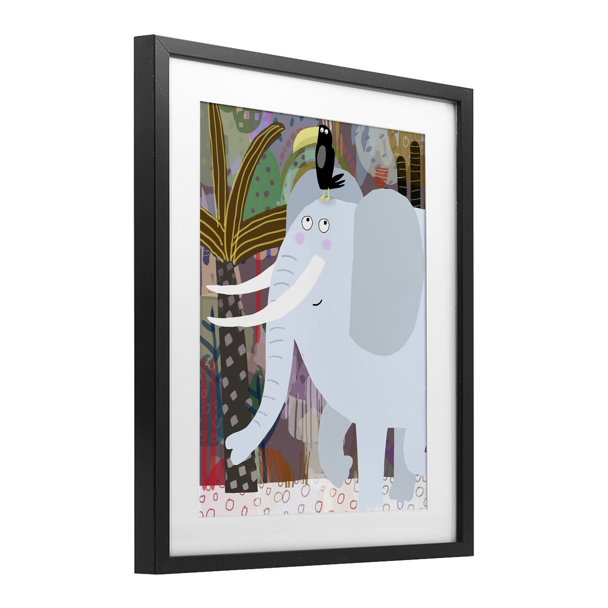 Elephant & Toucan in Jungle Black Framed Print Under Glass, design by Carla Daly
