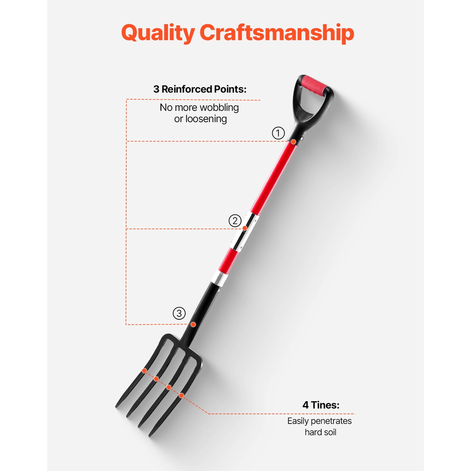 KFFKFF 4-Tine Garden Fork with Fiberglass Handle, 45-Inch Heavy-Duty Digging Tool, Y-Grip Spading Fork for Hay, Compost, Potato, and Soil Aeration