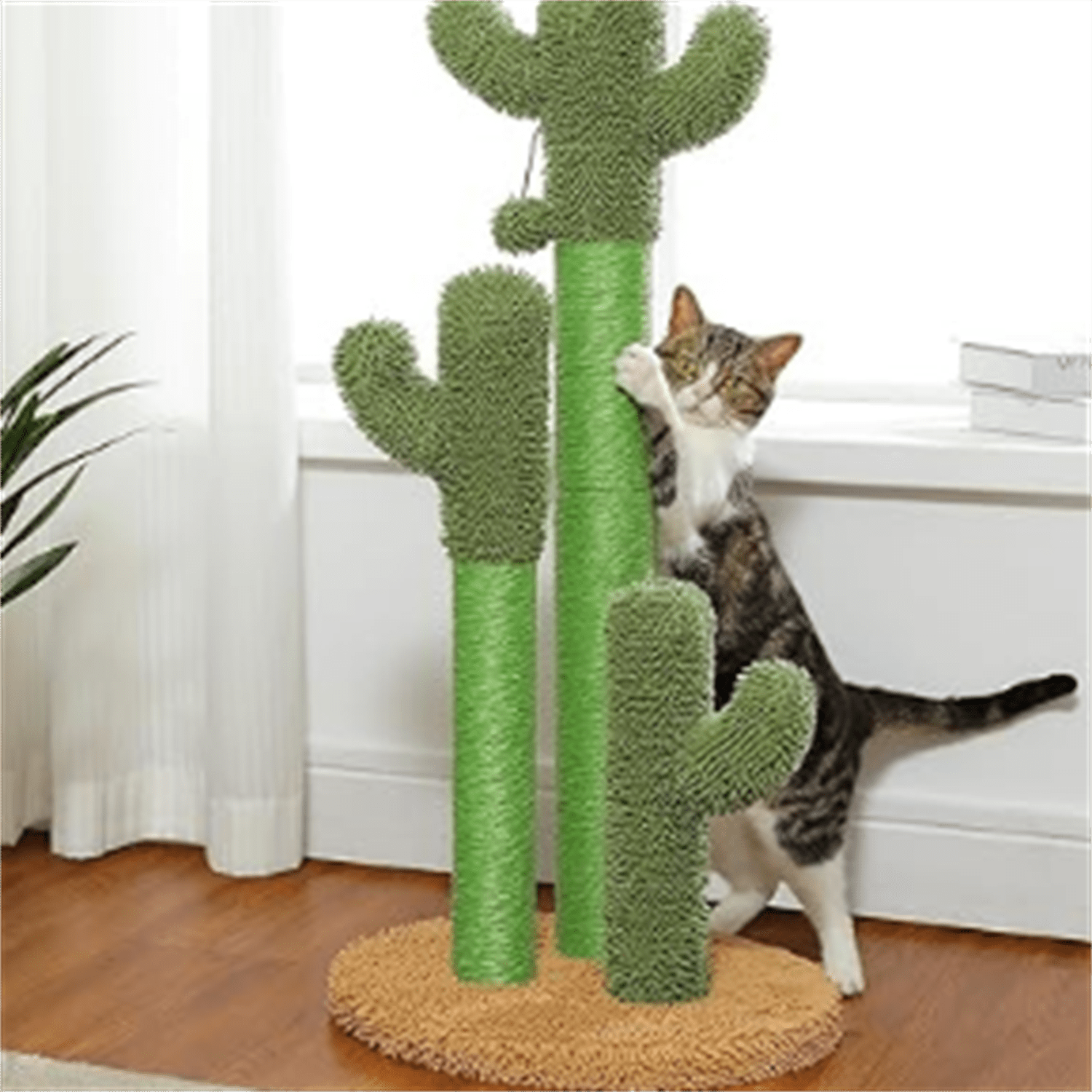 Scratching Post Cactus Cat Scratcher Featuring with 3 Scratching Poles and Interactive Dangling Ball - 35 Inches